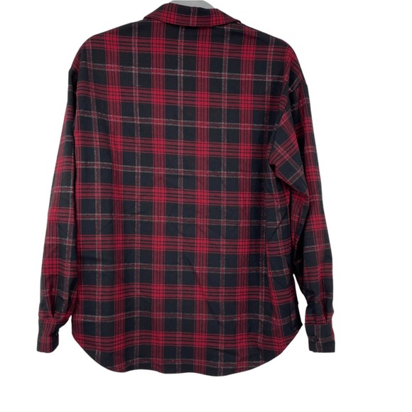 SEE U SOON RED & BLACK SHIMMERY PLAID LONG SLEEVE WITH POCKETS SIZE SMALL - Picture 2 of 3